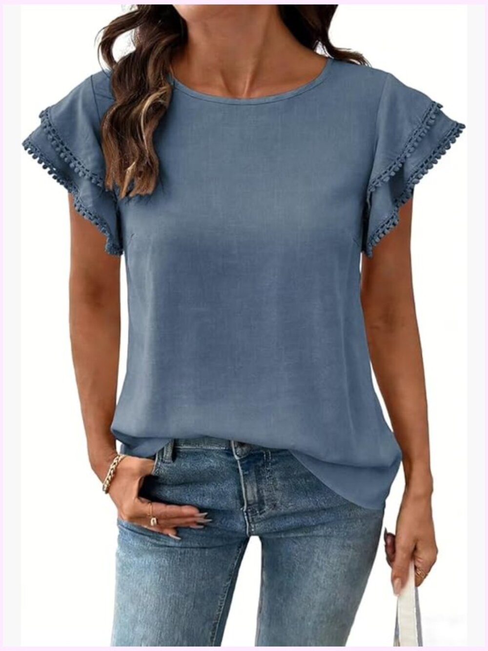 Double Ruffle Cap Sleeve Blouse - Women's Casual Button-Down Tunic Top